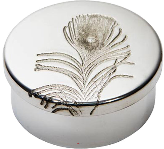 Small Pewter Trinket Box with Peacock Feather Design Perfect for Engraving