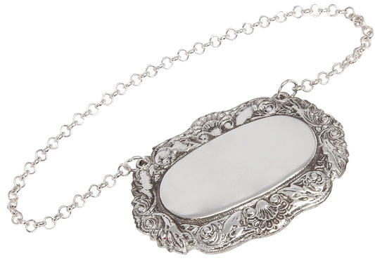 Pewter Shell Pattern Decanter Label on Silver Plated Chain with Shell Pattern