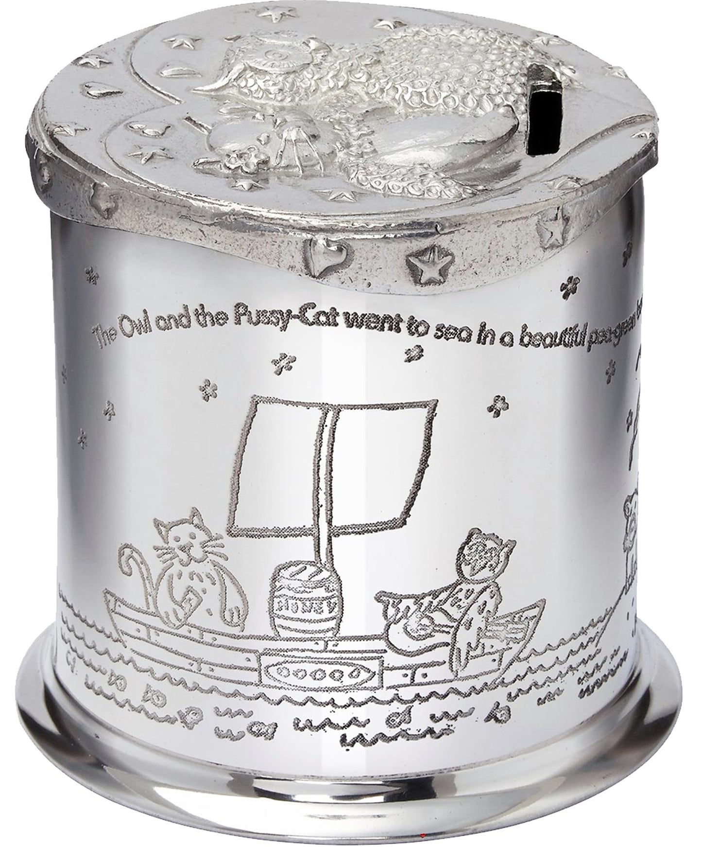 Child's Pewter Money Box Owl and The Pussycat Poem Embossed Around the Body