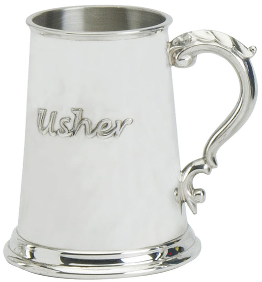 Wedding Gift Pewter Tankard Embossed "Usher" Ornate Handle Engravable