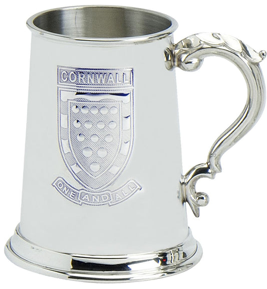 Pewter Tankard Handmade 1pt Cornwall National Crest and Motto Engravable