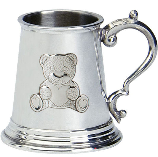 Christening Gift Children's Plain Tankard With Teddy on Handle Pewter Cup