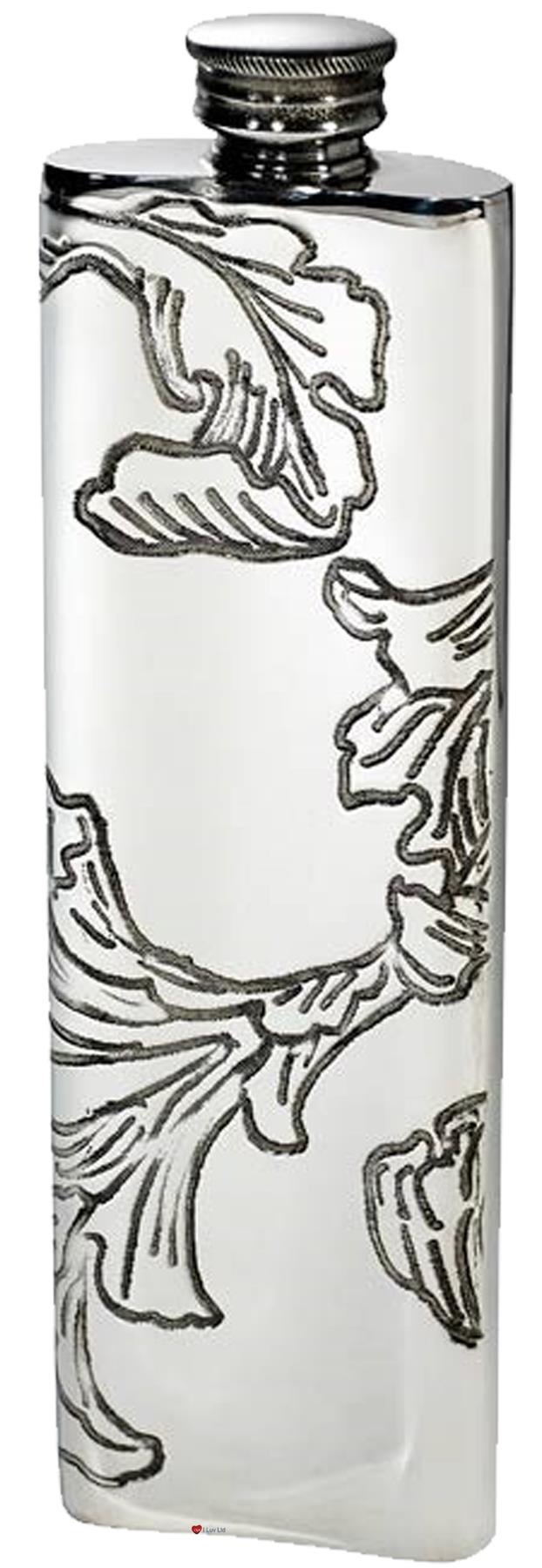 3oz Pewter Pocket Purse Flask Embossed Design Acanthus Pattern Polished Screw