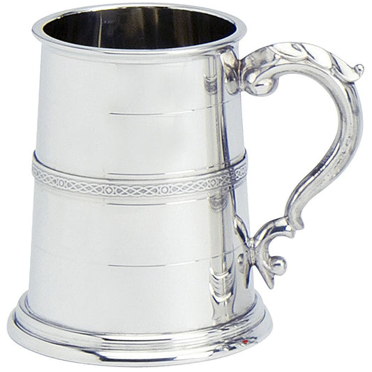 Pewter Tankard Scottish Stuart Banded Design Wide Base Polished 1pt Glass Base