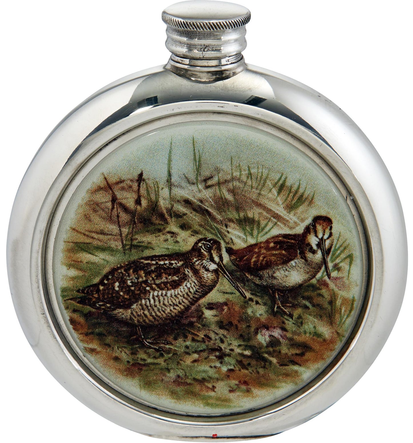 Round 6oz Pewter Flask with Unique Colour Picture Woodcock Bright Polished Screw