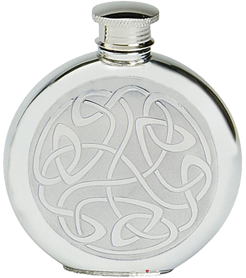 Hip Flask Round Celtic Scroll Panel Design 6oz Screw Top Engravable Ideal Gift