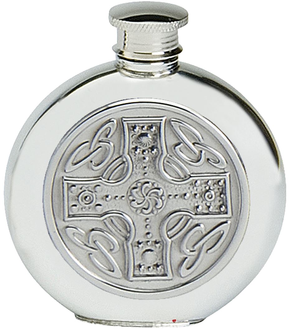 Pewter Round Flask Celtic Cross Embossed Insert Disc Screw Top Engravable 6oz