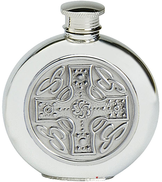 Pewter Round Flask Celtic Cross Embossed Insert Disc Screw Top Engravable 6oz