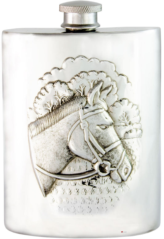 Racing Horse Hip Flask 6oz Kidney Shape Pewter Ideal Gift Engravable on Space