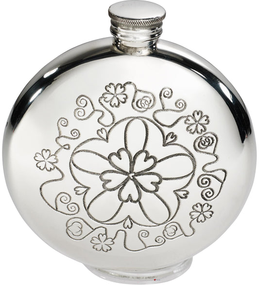 Round 6oz Pewter Hip Flask with Detailed Yorkshire Rose Pattern Polished Screw