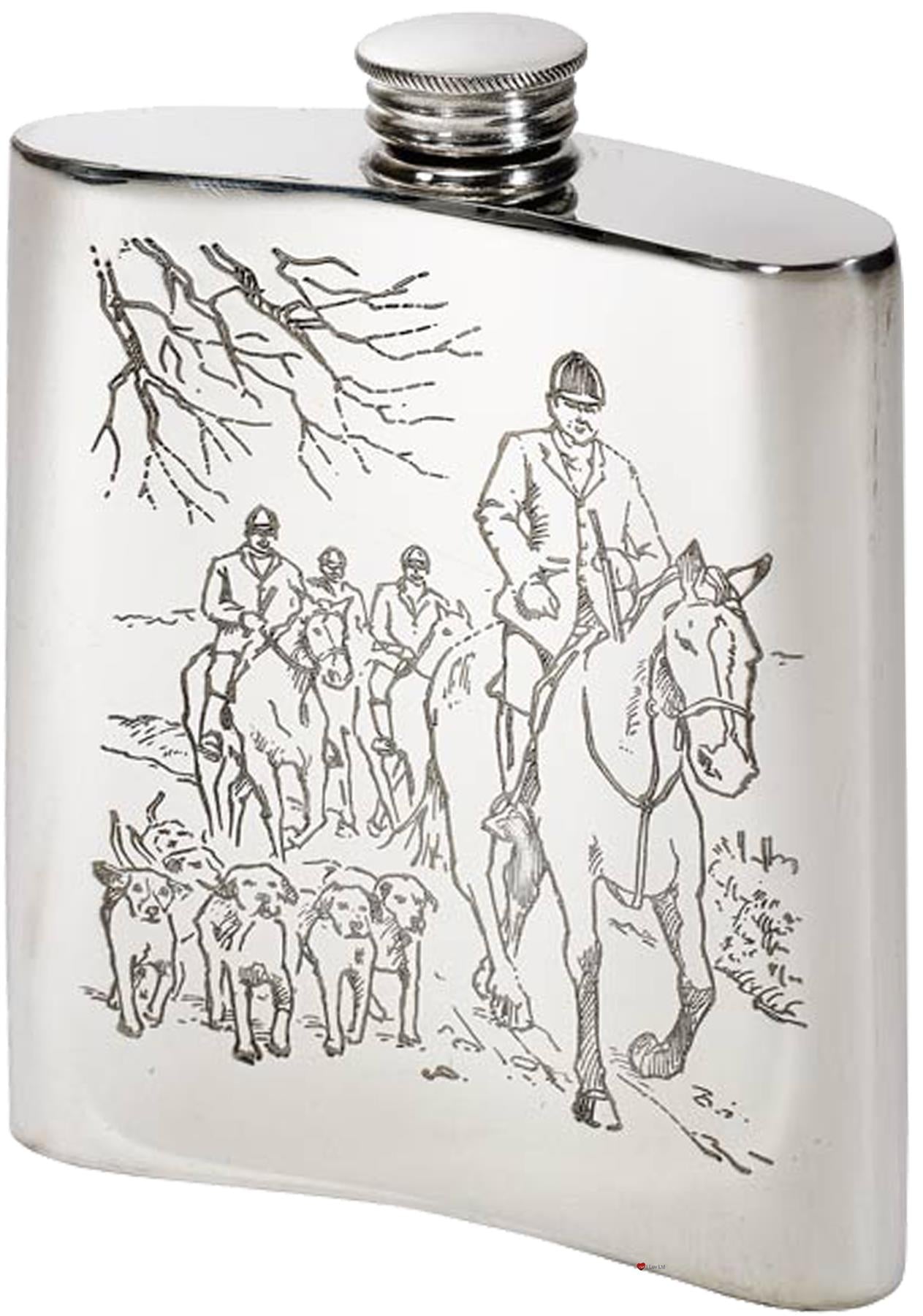 6oz Pewter Hip Flask Embossed with Hunting Scene Embossed Bright Polished Screw