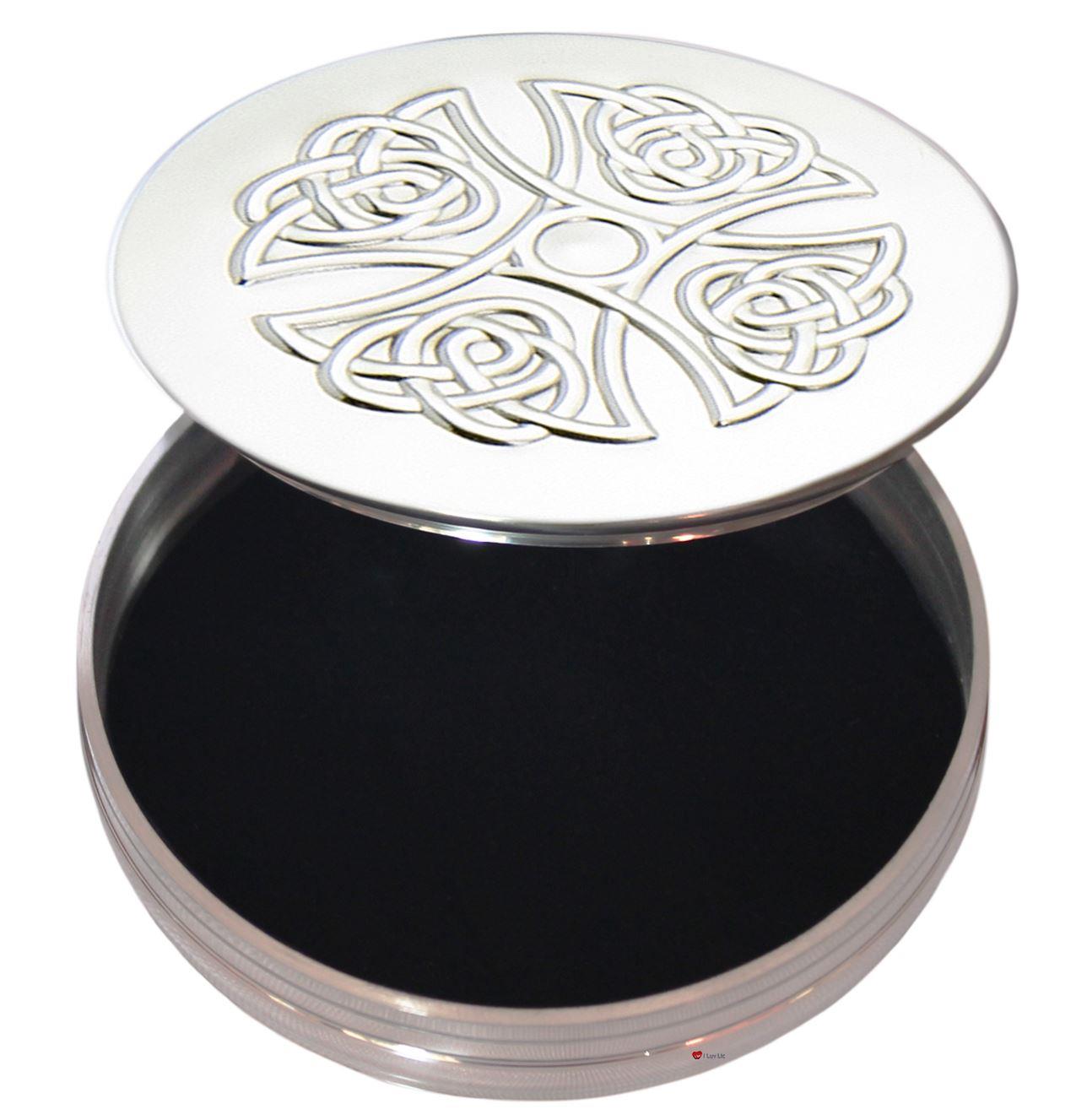 Trinket Boxes Pewter Round with Celtic Knot Motif Cross on Lid 90mm 50mm