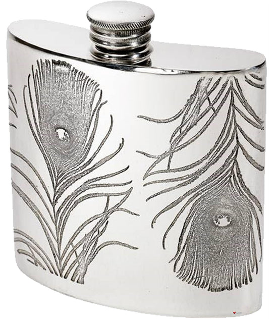 4oz Pewter Kidney Flask Embossed Design Peacock Feathers Polished Screw Top