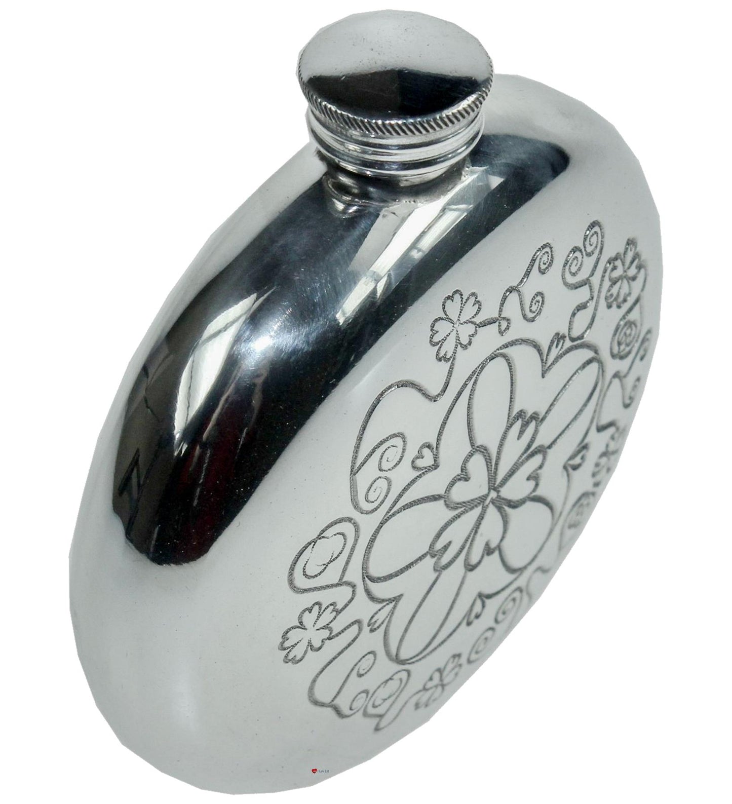 Round 6oz Pewter Hip Flask with Detailed Yorkshire Rose Pattern Polished Screw