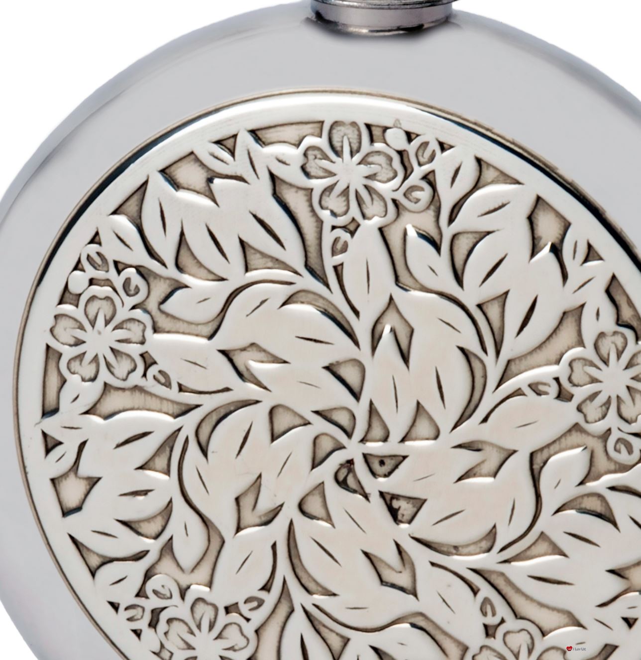 4oz Round Hip Flask With Embossed Flower and Leaf Design Made From Pewter