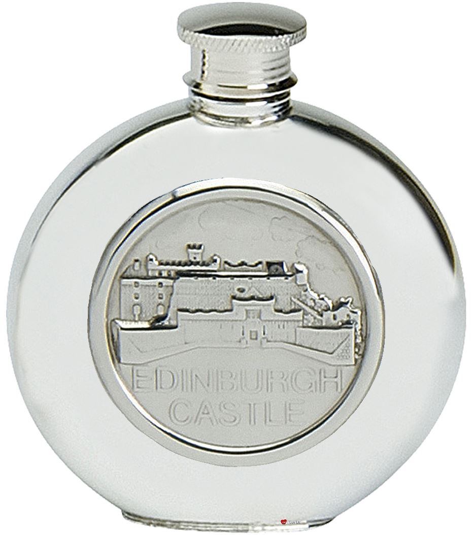 Pewter Hip Flask Edinburgh Castle Scotland Embossed Screw Top Engravable 6oz