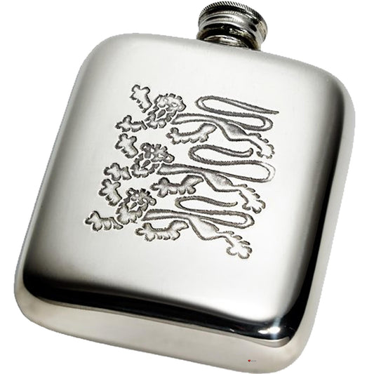 4oz Pewter Hip Flask with Three Lions England Style Pattern Polished Screw