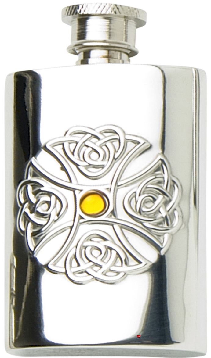 Celtic Cross Hip Flask Topaz Coloured Stone 2oz Kidney Shape Pewter Ideal Gift