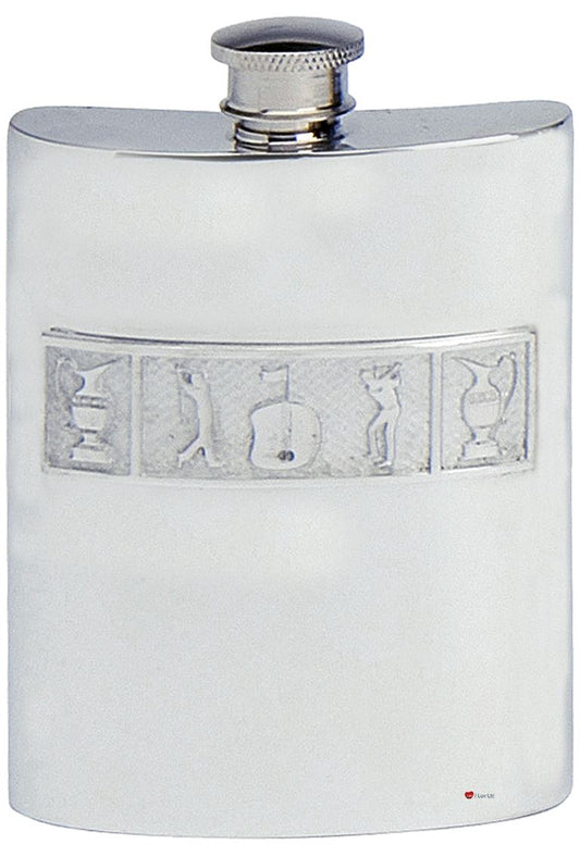 6oz Pewter Spirit Liquor Hip Flask - Kidney Shape with Golf Motif Panel