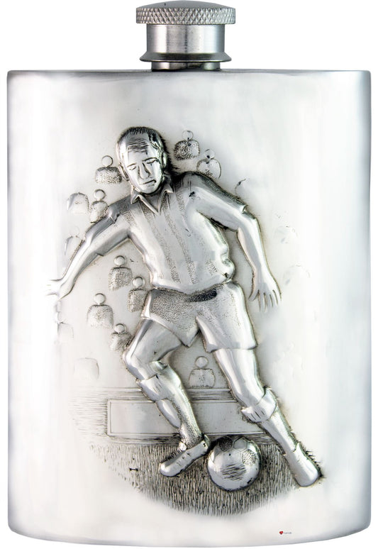 Pewter Hip Flask Football Soccer Scene 6oz Embossed Kidney Screw Top Engravable