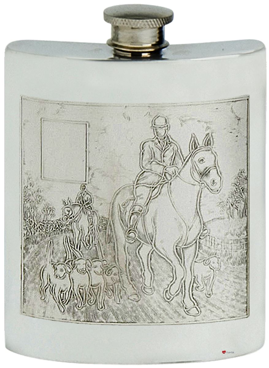 Pewter Hip Flask Hunting Foxes Picture Scene Kidney Engravable 6oz Screw Top