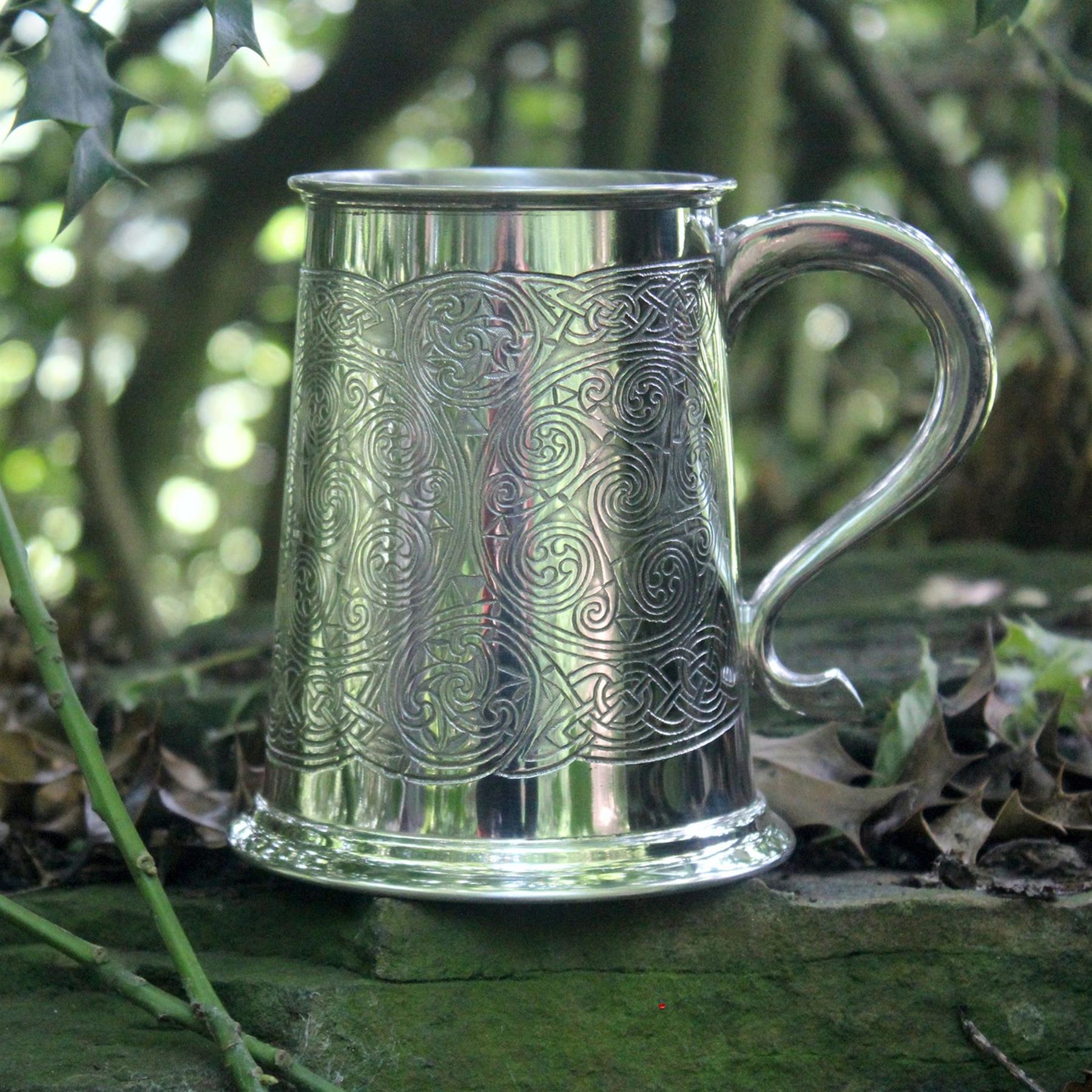 1 Pint Pewter Tankard with Celtic Spirals Design Swan Handle
