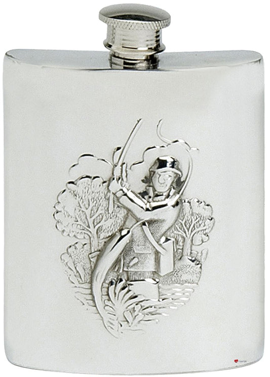 Angling Fishing Scene Hip Flask 4oz Kidney Shape Engravable on Back Ideal Gift