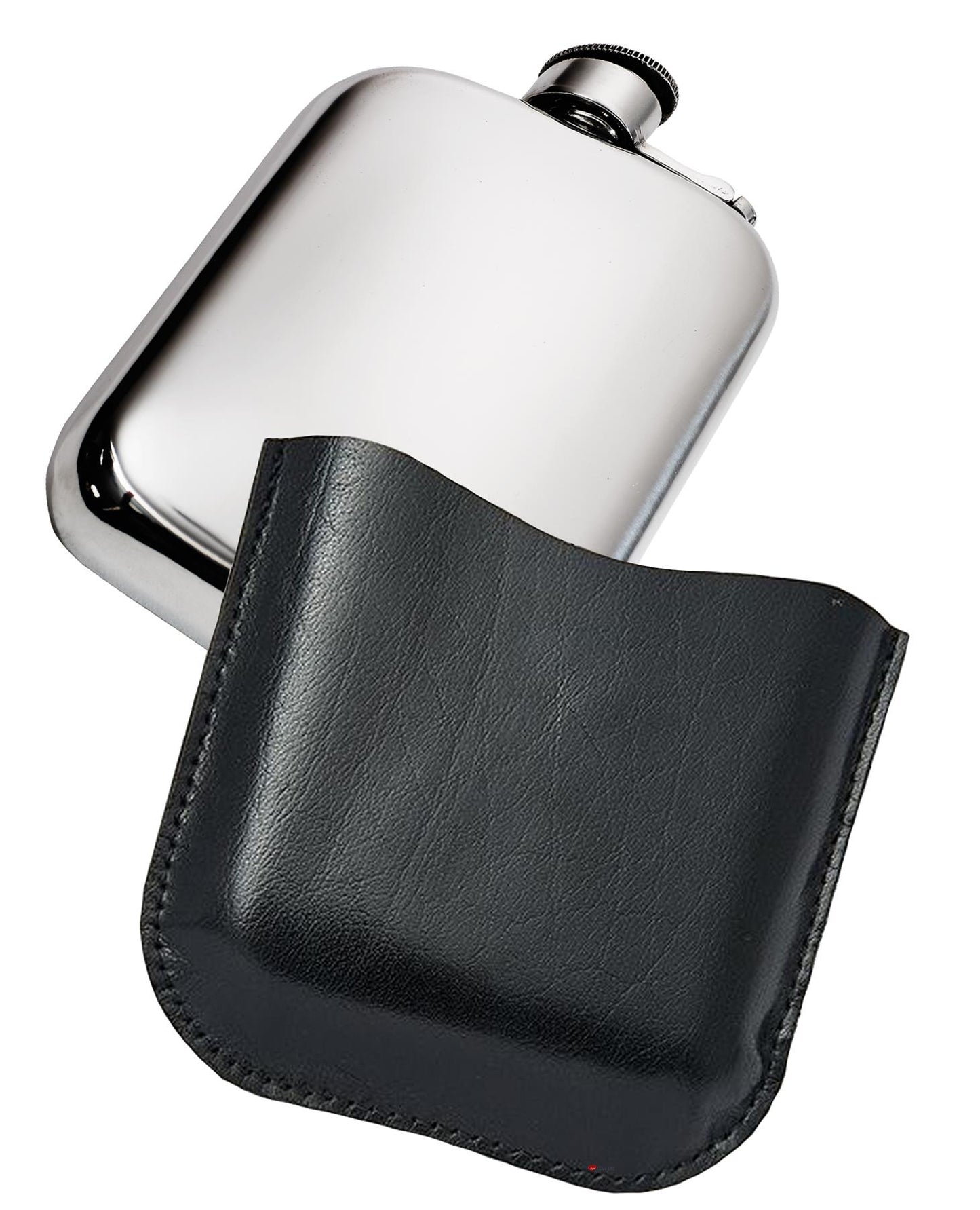 4oz Pewter Pocket Flask in Black Genuine Leather Pouch Perfect for Engraving