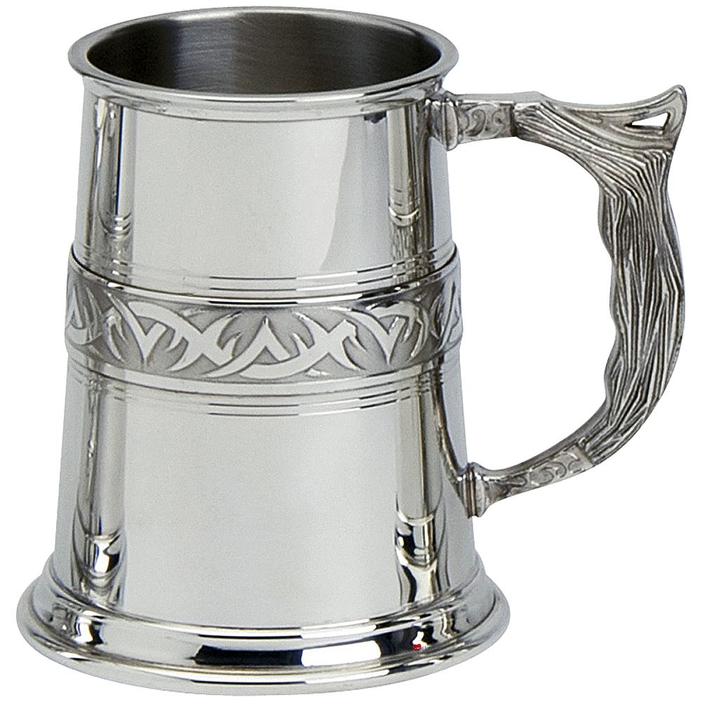 Pewter Tankard Handmade 1pt Tribal Band Polished Finish Tribal Handle Engravable