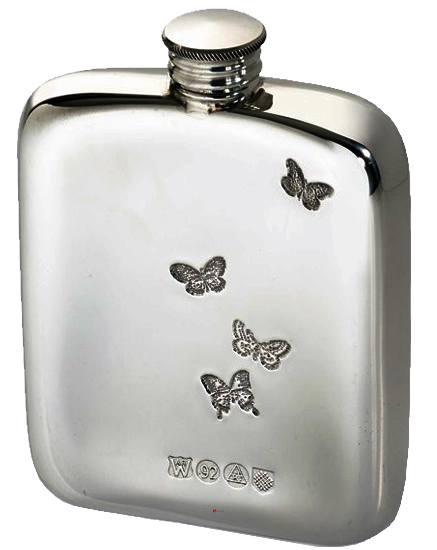 4oz Flask Pewter Butterfly Design Embossed Polished Screw Perfect for Engraving