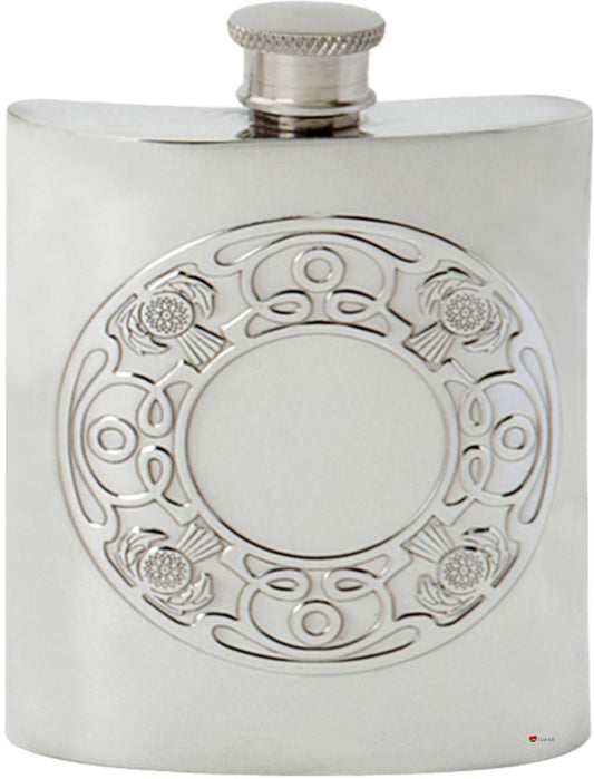 Celtic ThislteCircle Design 6oz Hip Flask Engraveable on Back Screw Top