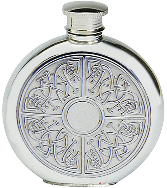 Pewter Round Flask Celtic Quad Design 6oz Screw Top Fine English Pewter