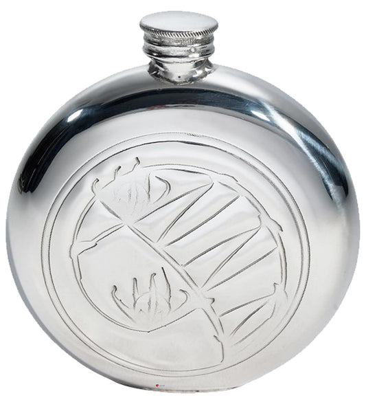 Round Pewter 6oz Flask Knox Inspired Design Polished Screw Perfect for Engraving