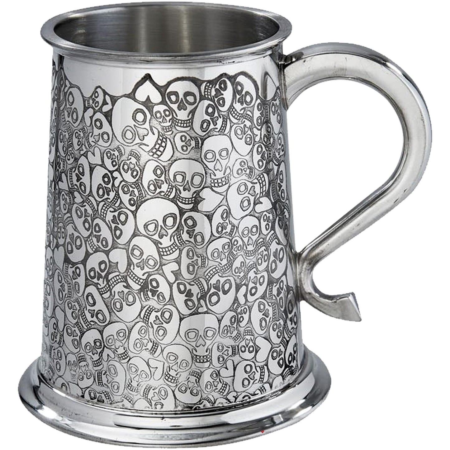 1 Pint Pewter Tankard Skull and Heart Design Swan Handle Perfect for Engraving