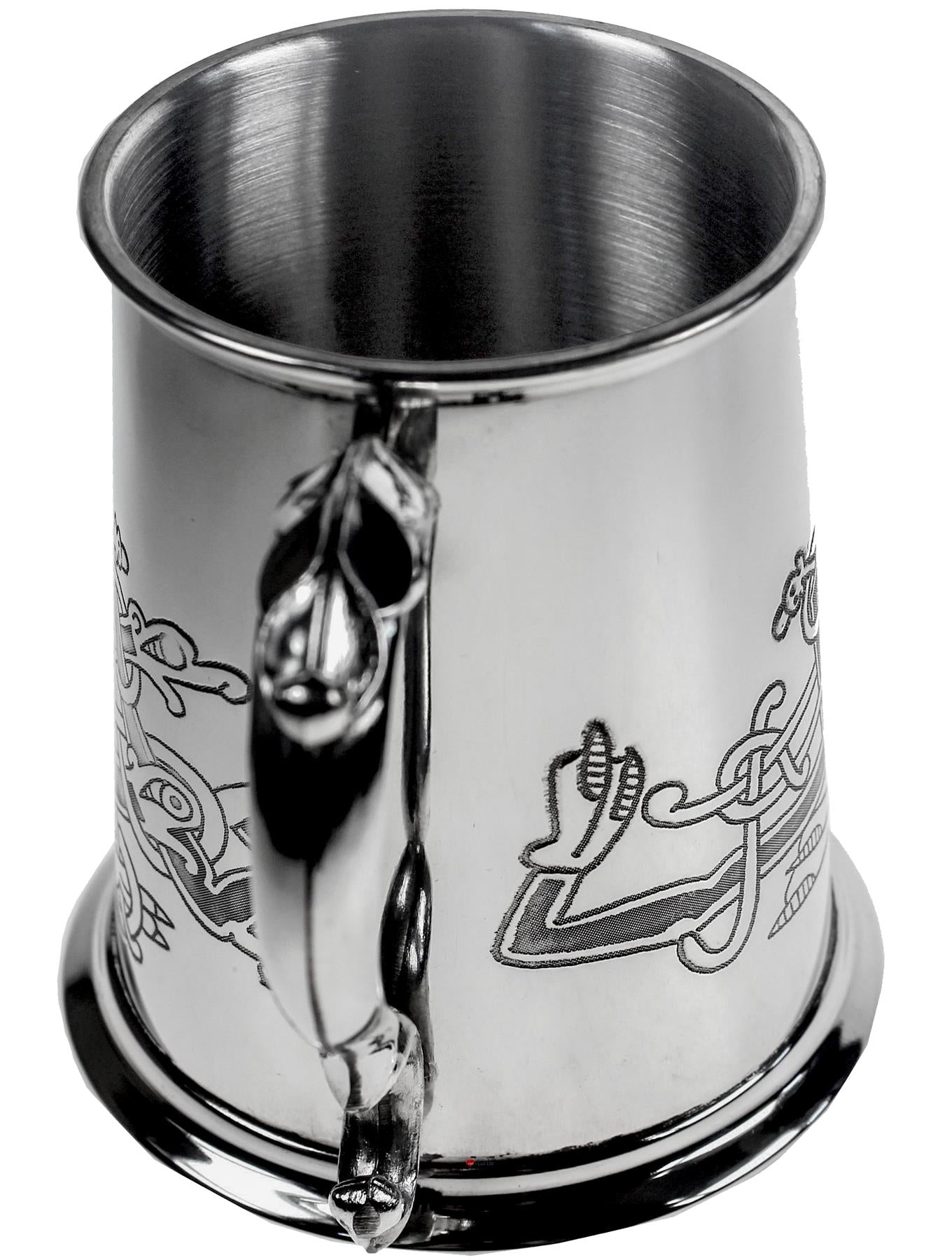 1 Pint Pewter Tankard with Celtic Birds Design Scroll Handle