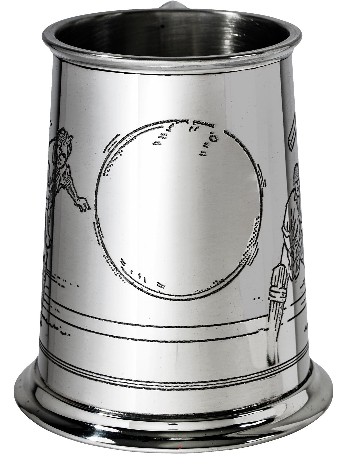 Pewter Tankard 1 Pint with Cricket Scenes on Both Sides and Antique Handle
