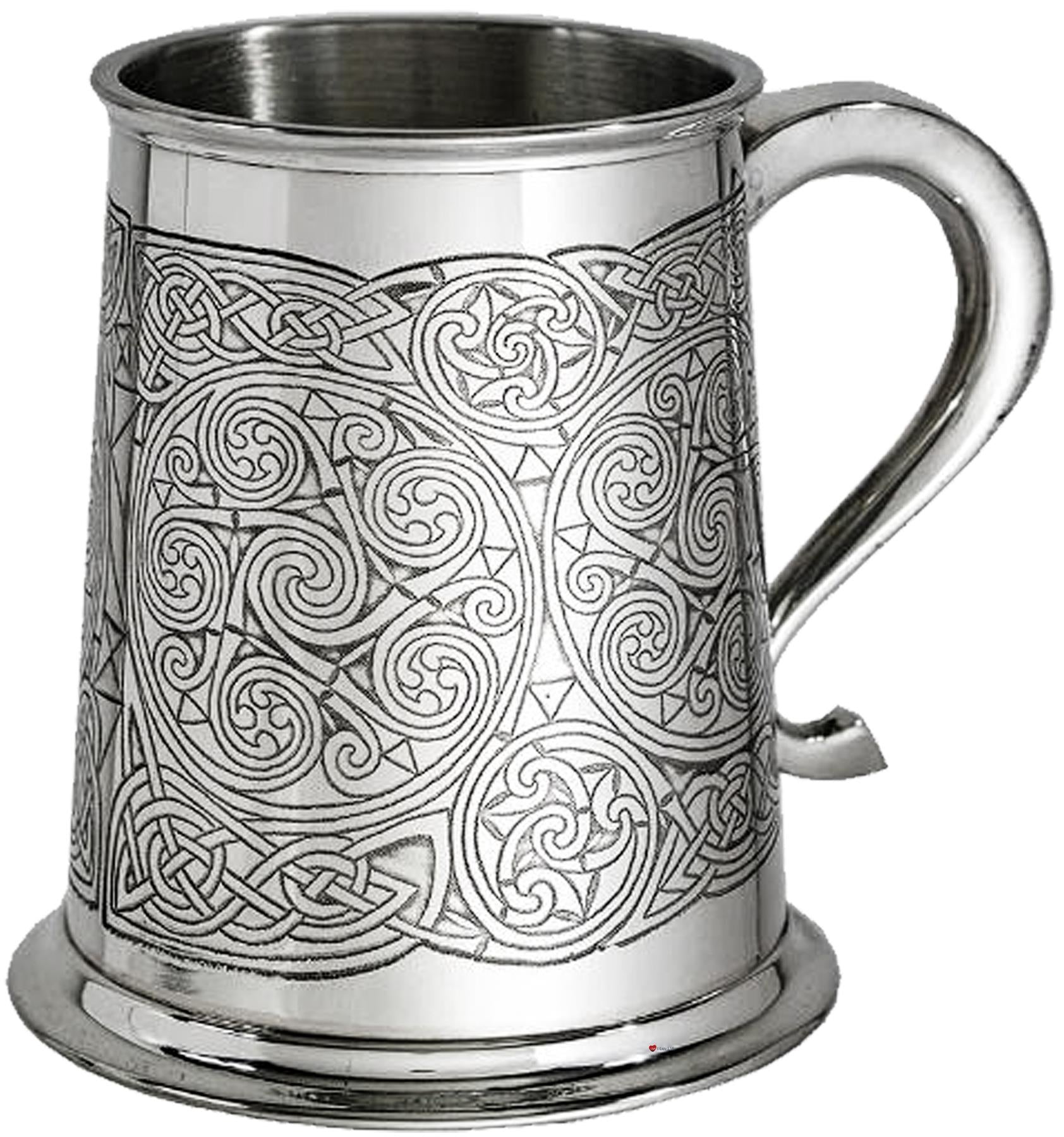 1 Pint Pewter Tankard with Celtic Spirals Design Swan Handle