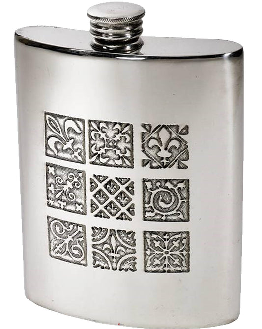 6oz Pewter Flask Medieval tile Motif Bright Polished Screw Perfect for Engraving