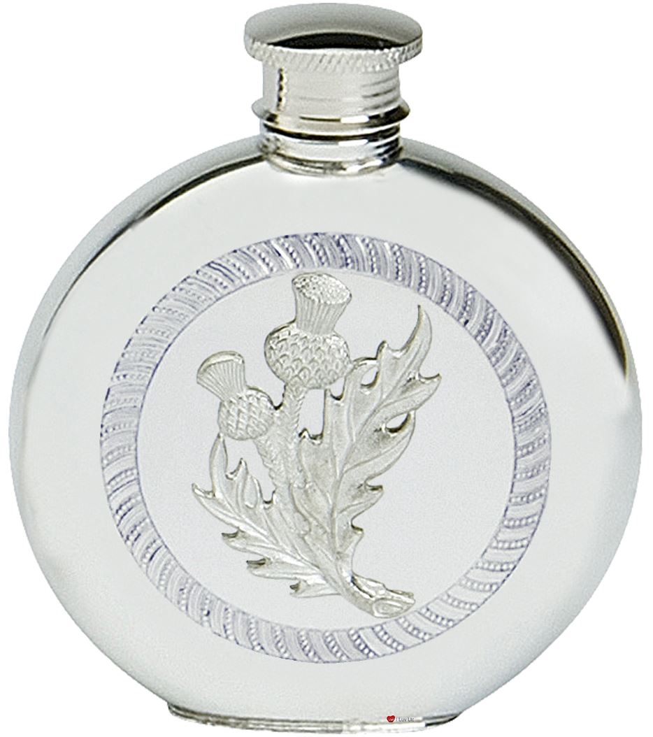 Pewter Hip Flask Thistle Scotland Round 6oz Screw Top Engravable On Back