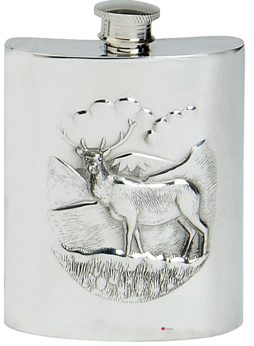 Highland Stag Hip Flask 6oz Kidney Shape Pewter Ideal Gift Engravable