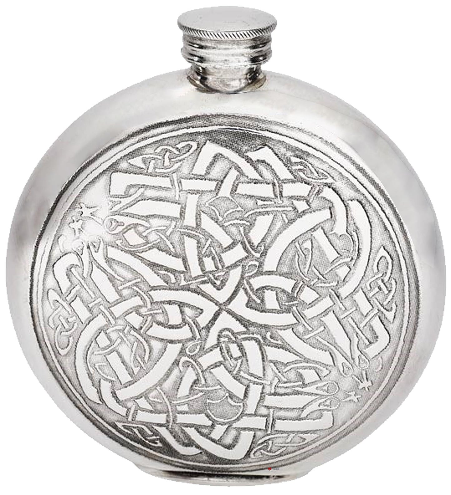 Round Pewter 6oz Flask Celtic Circle Design Polished Screw Perfect for Engraving