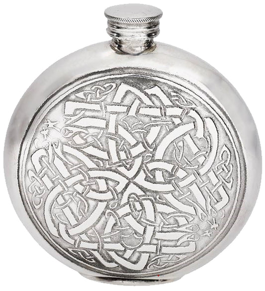 Round Pewter 6oz Flask Celtic Circle Design Polished Screw Perfect for Engraving