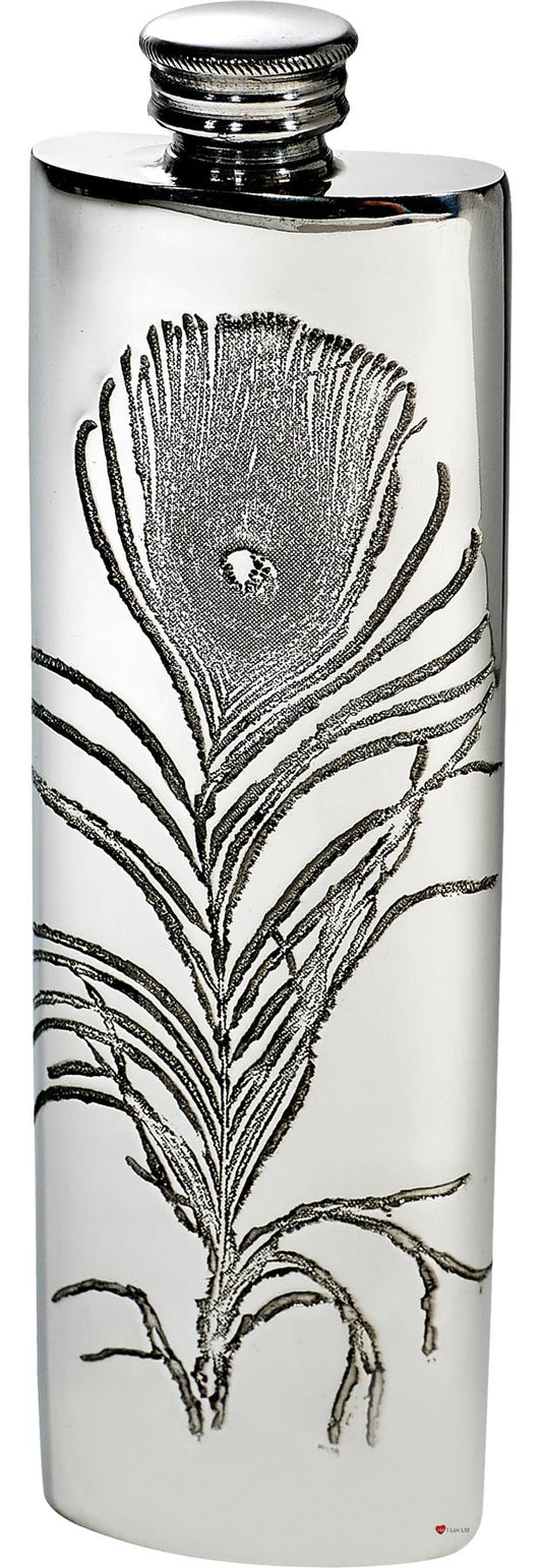 3oz Slim Pewter Flask Embossed with Peacock Feather DesignPerfect for Engraving