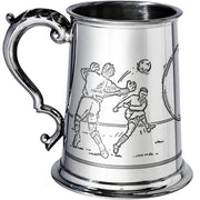 Pewter Tankard 1 Pint with Soccer Scenes on Both Sides and Antique Handle