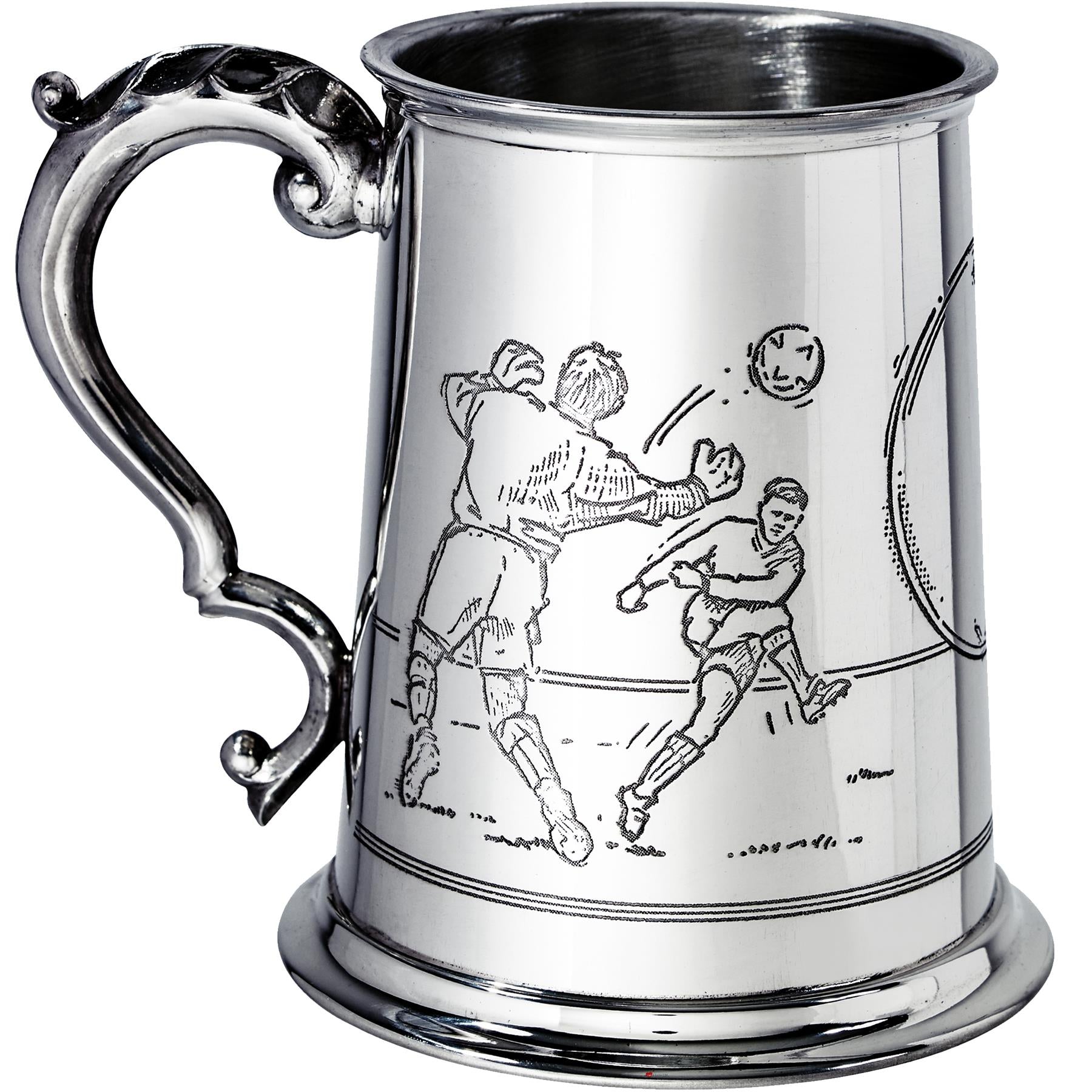 Pewter Tankard 1 Pint with Soccer Scenes on Both Sides and Antique Handle