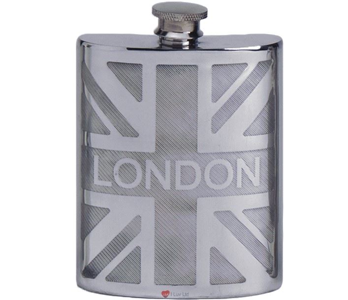 Pewter Hip Flask London On British Union Jack 6oz Space for Engravable Screw Top