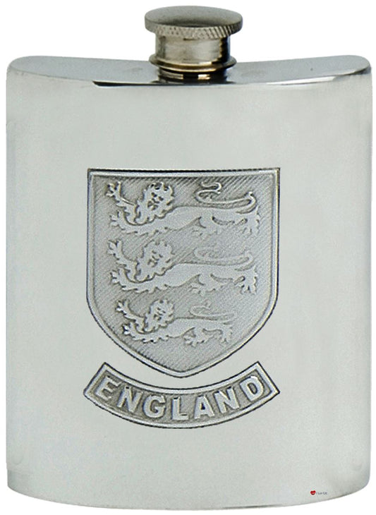 Pewter Hip Flask 6oz English Three Lions Shield Screw Top Engravable Back