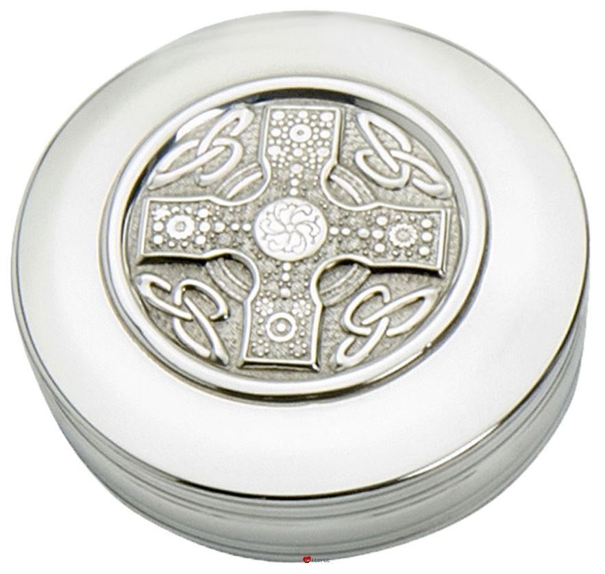 Trinket Boxes Pewter Round with Circular Insert Lid Featuring Iona Cross 90mm 50mm