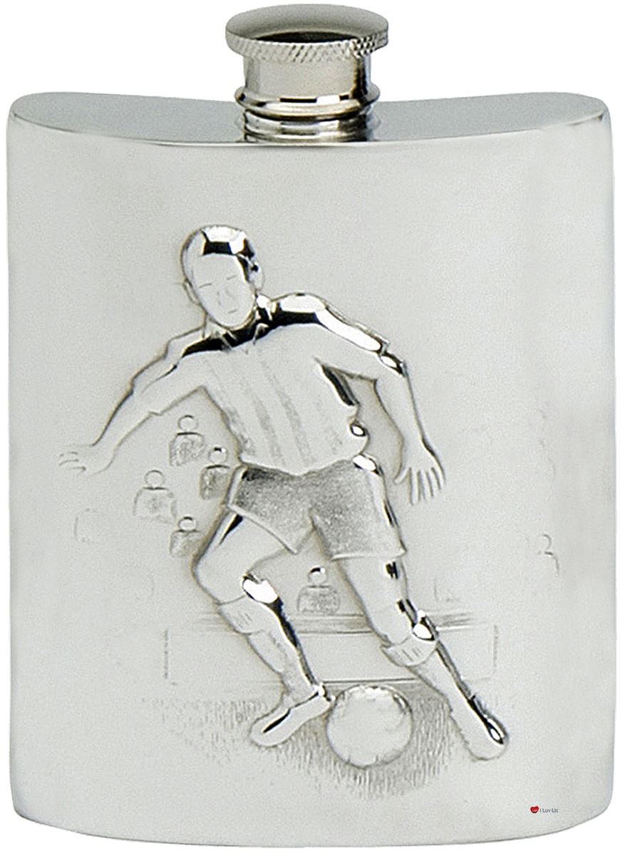 Pewter Hip Flask Football Soccer Scene 6oz Embossed Kidney Screw Top Engravable