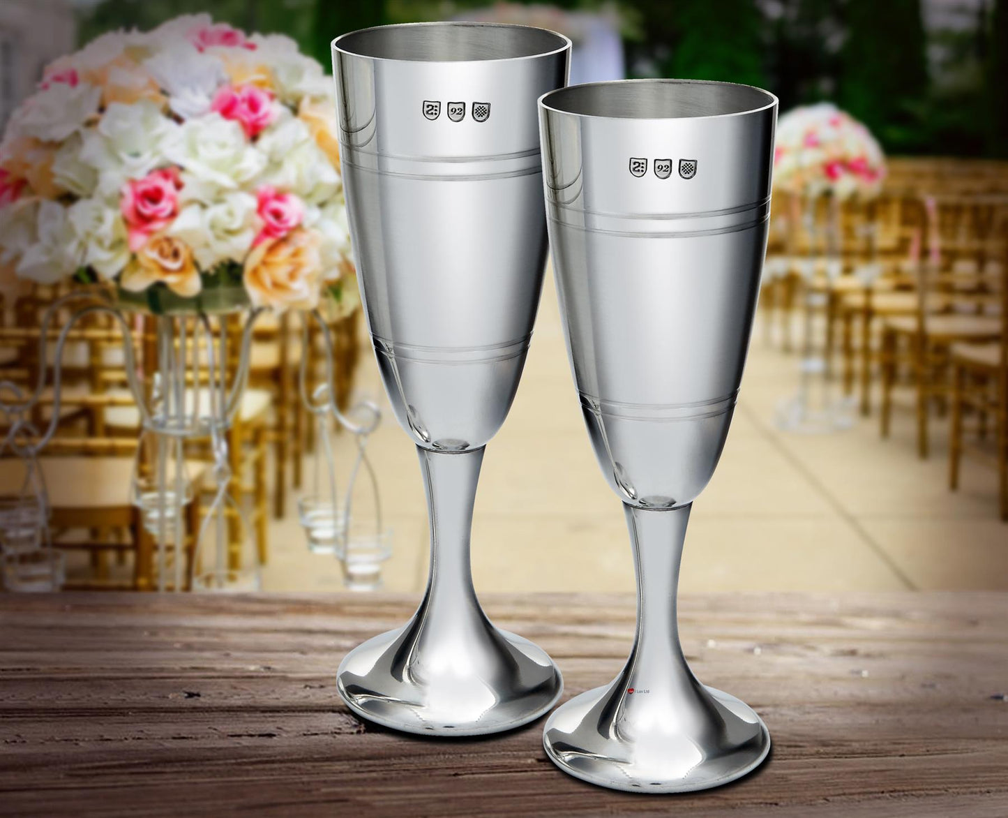 Pair of Celebration Champagne Flutes Wedding Grooved Band in Center Pewter